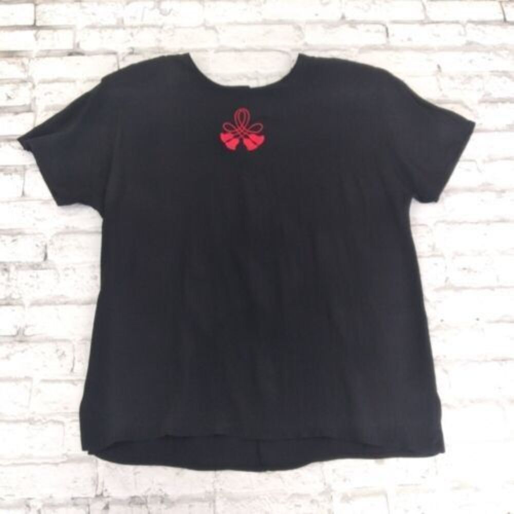 A.K.F. Blouse Womens Medium Black Embroidered Short Sleeve Shoulder Pads Vintage